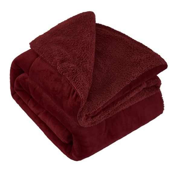 JML Sherpa Fleece Bed Blankets, Burgundy Thick Warm Borrego King Blanket for Bed, 79"x91"