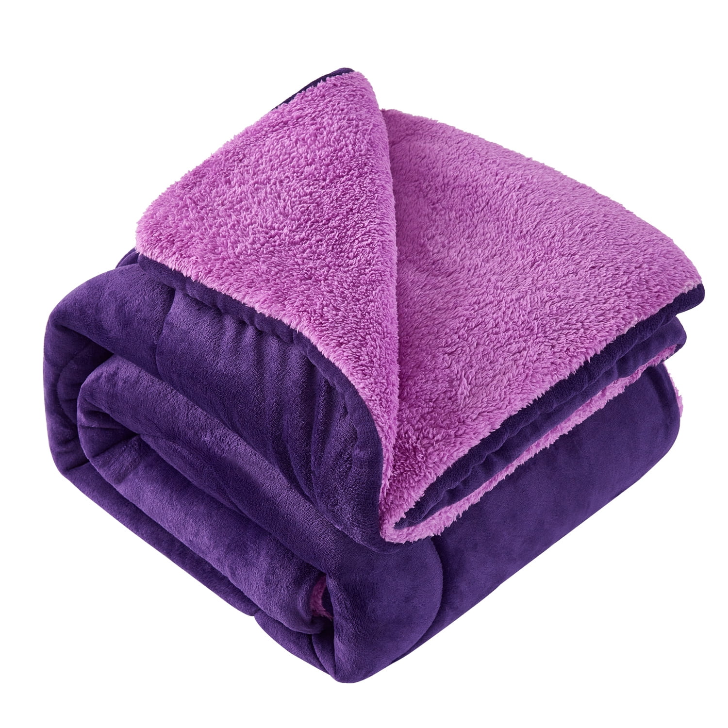 JML Sherpa Fleece Bed Blankets, Purple Thick Warm Borrego King Blanket for Bed, 79"x91"