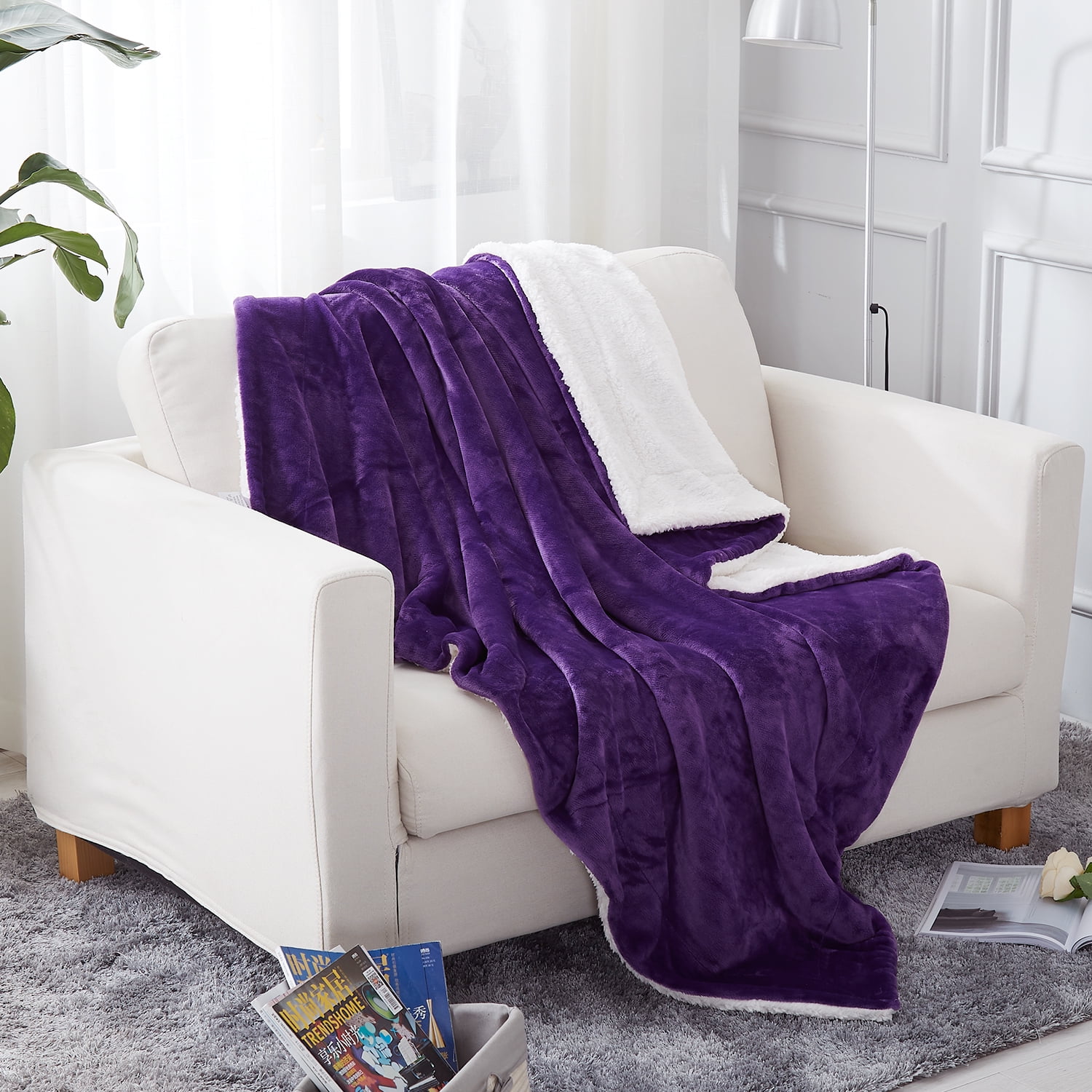JML Sherpa Fleece Blanket(Twin,Purple) Soft Warm, Reversible Plush Fleece  Couch Bed Blanket