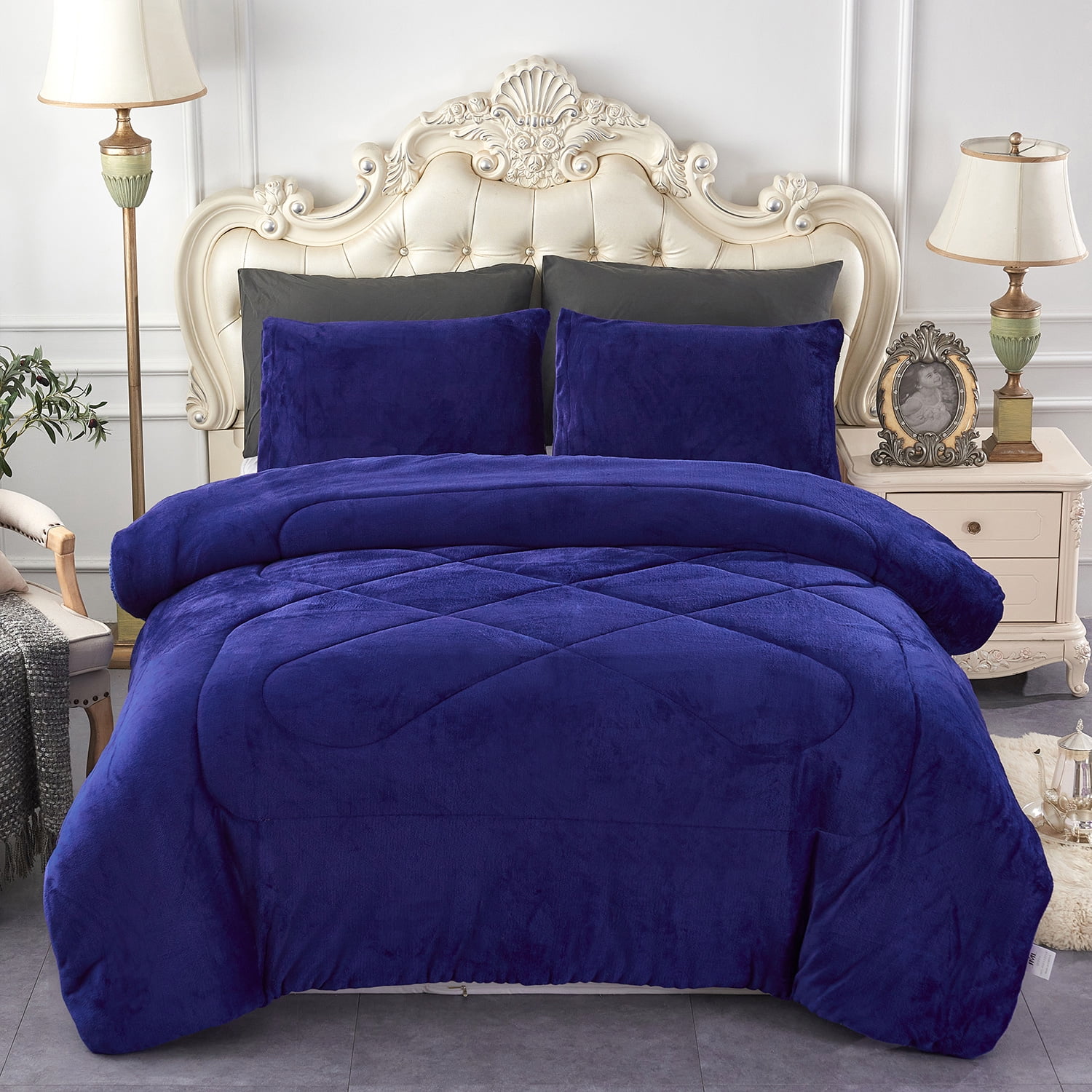 JML Sherpa Fleece Borrego Blanket 3 Pieces,Cal King 87" x 95",Thick Warm Blanket,Navy,7.5lb