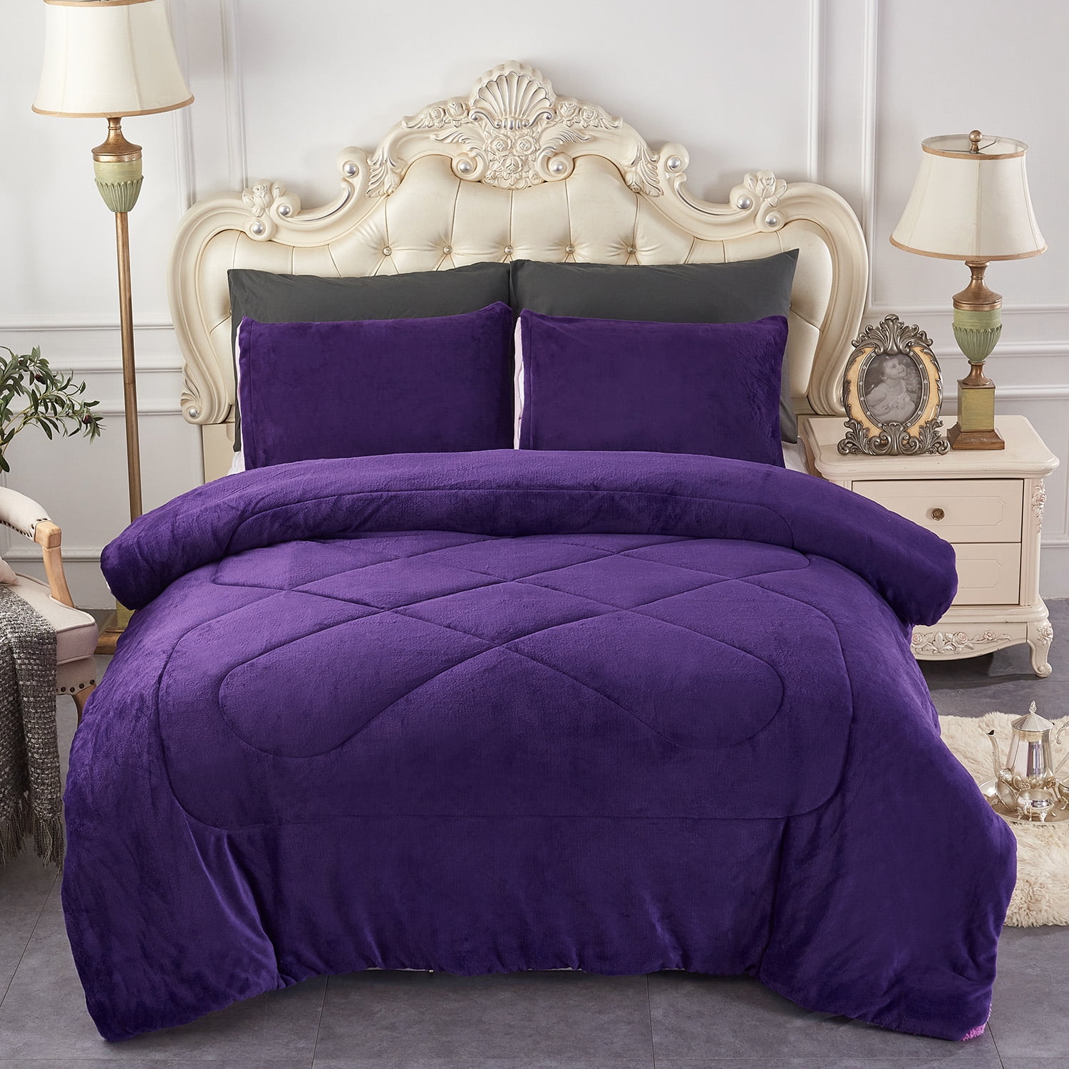 JML Sherpa Fleece Borrego Blanket 3 Pieces,King 79" x 91",Thick Warm Blanket,Purple,6.5lb