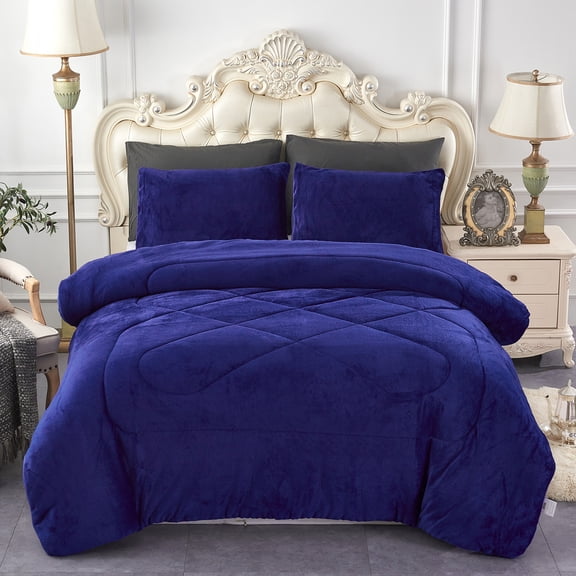 JML Sherpa Fleece Borrego Blanket 3 Pieces,Queen 75" x 83",Thick Warm Blanket,Navy,5.7lb