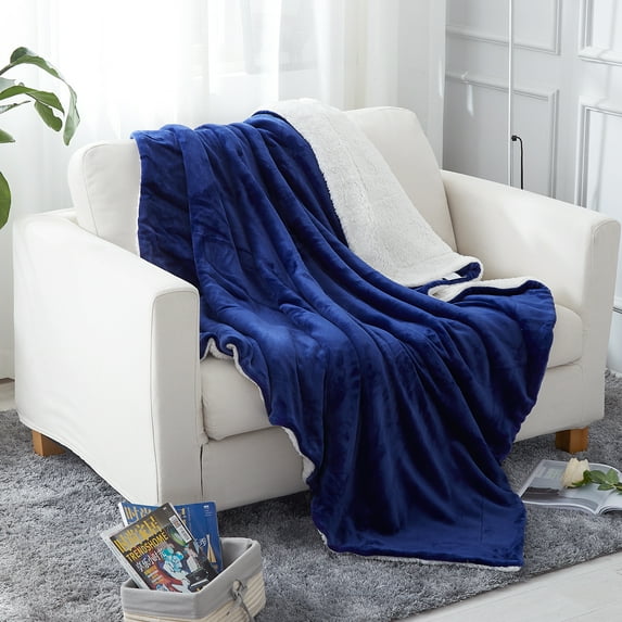 JML Sherpa Fleece Throw Blanket,Navy Soft Warm, Reversible Plush Fleece Couch Bed Blanket