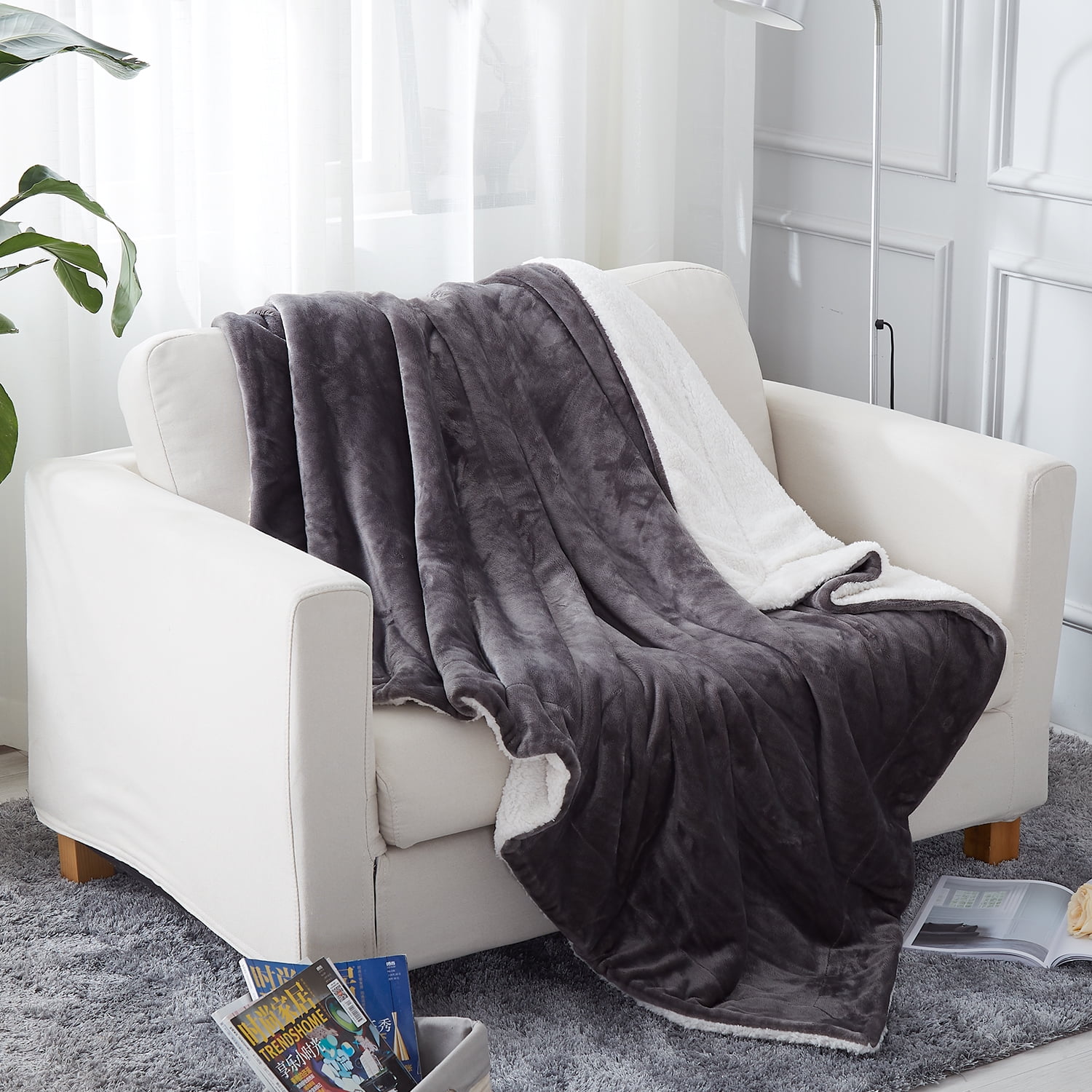 JML Sherpa Throw Blanket for Bed Couch, Soft Warm Reversible Fleece Blanket,Grey