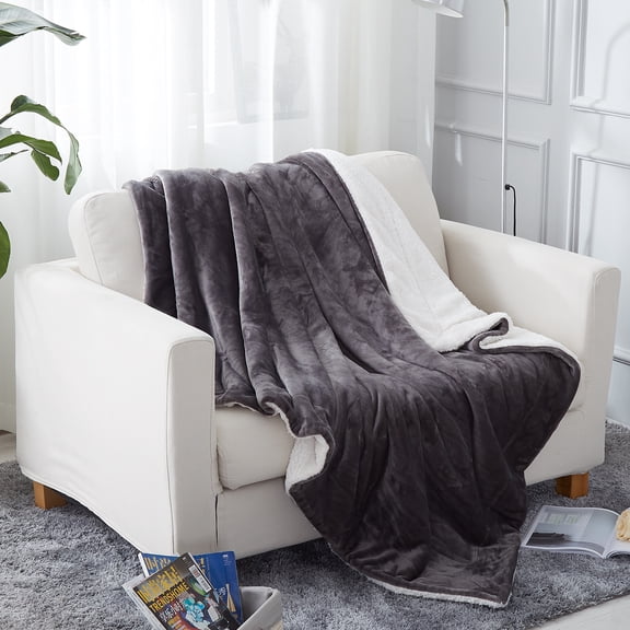JML Sherpa Throw Blanket for Bed Couch, Soft Warm Reversible Fleece Blanket,Grey