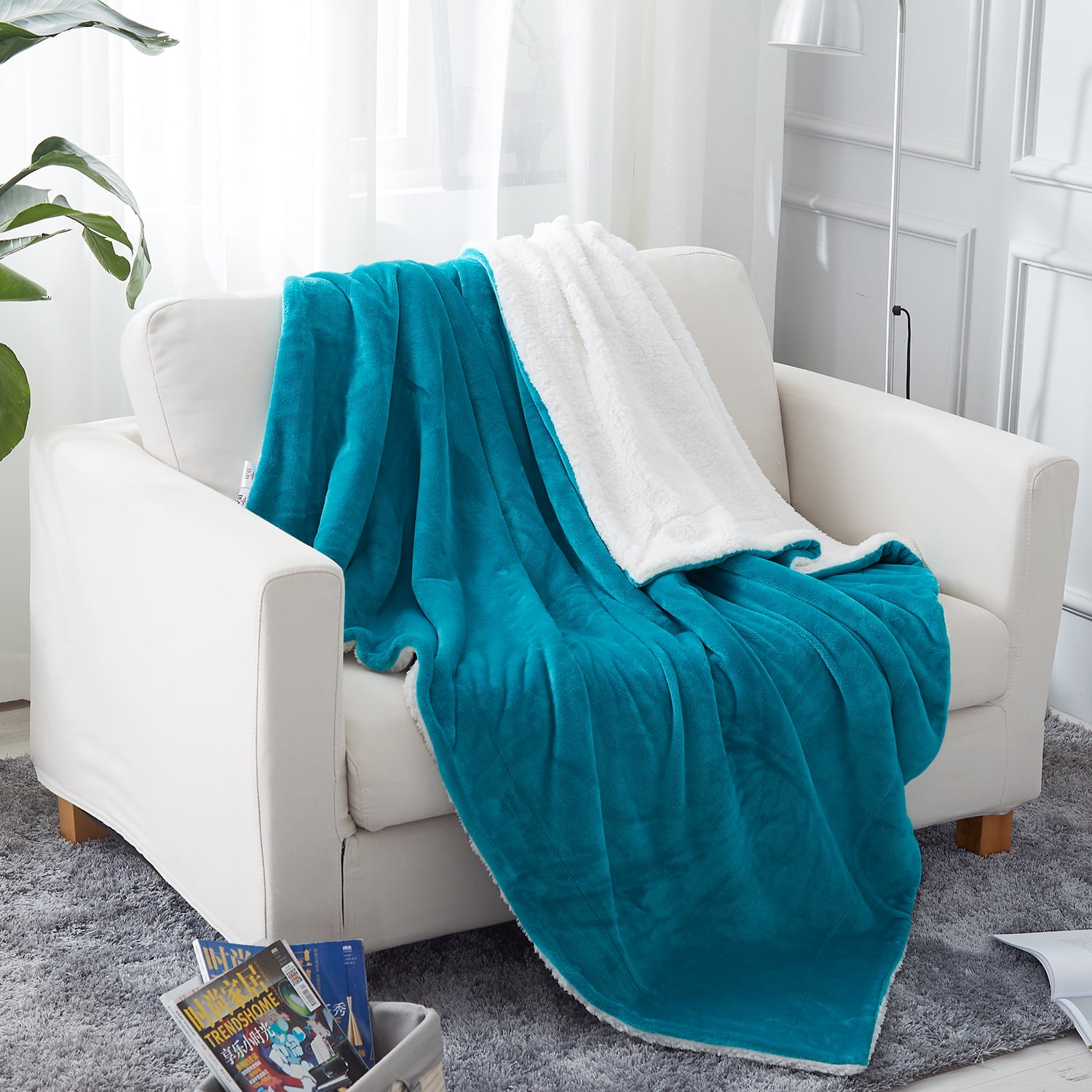 JML Sherpa Throw Blanket for Bed Couch, Soft Warm Reversible Fleece Blanket,Teal  