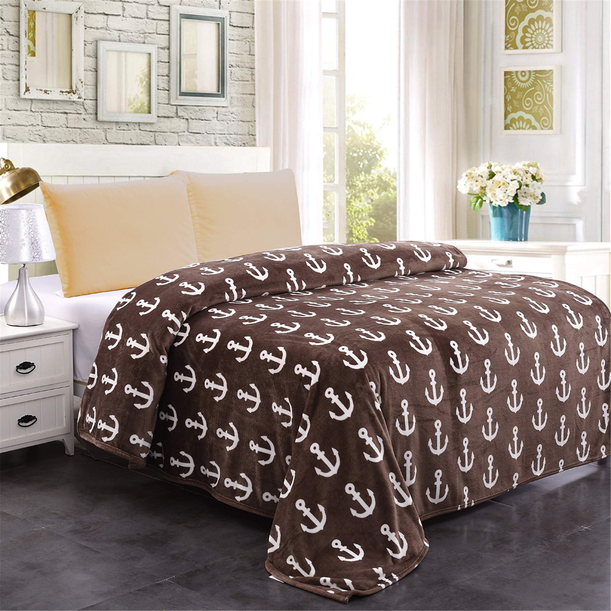 JML Soft Flannel Fleece Anchor Pattern Bed Blanket, Brown, Queen