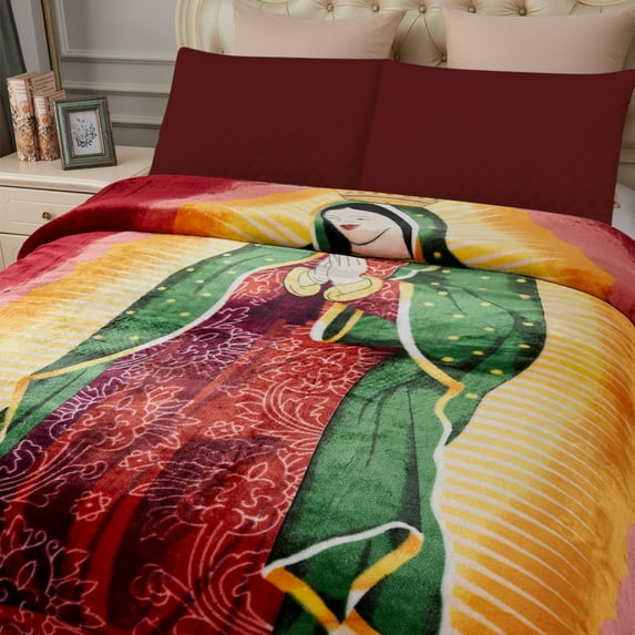 JML Soft Plush Fleece Blanket for Bed King 83"x91" 5.7lb,2 Ply Raschel Blanket Virgin mary/Burgundy Floral