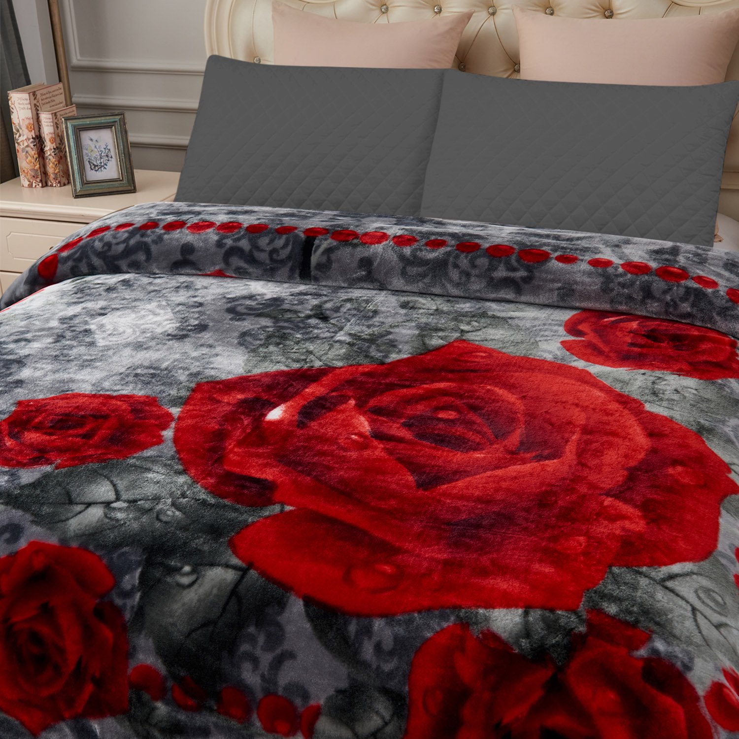 JML Soft Plush Fleece Blanket for Bed Queen 75x87 5lb,2 Ply Raschel  Blanket Grey Red Rose - Walmart.com