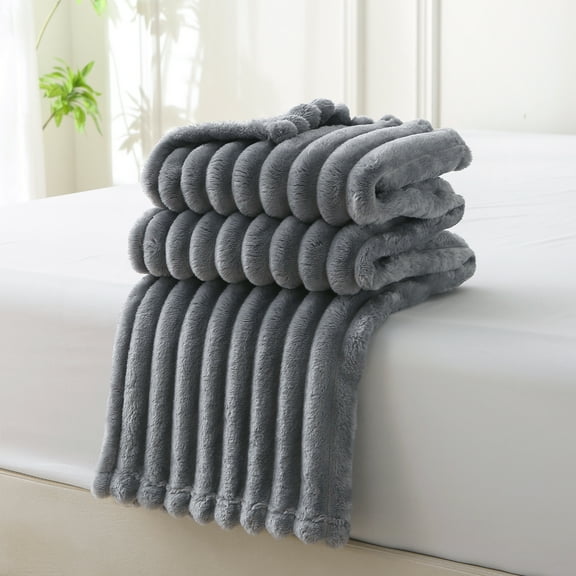 JML Super Soft Throw Blanket Premium Silky Flannel Fleece Ribbed Jacquard Lightweight Bed Blanket All Season Use Grey Ribbed, Throw(40"x60")