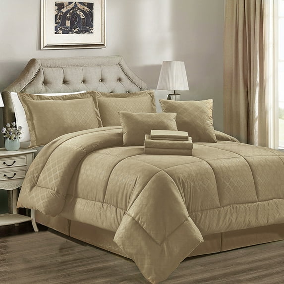 JML Taupe California King Comforter Set - 10 Pieces Bedding Set Bed in a Bag with Comforters, Sheets, Bed Skirt, Decorative Pillows, Pillowcases & Shams