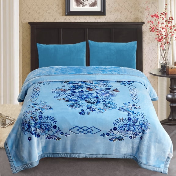 JML Thick Warm Winter Fleece Blanket For King Bed 2 Ply Reversible Soft Raschel Blanket,87"x94",10.5lb, Light Blue Floral