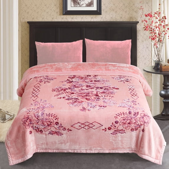 JML Thick Warm Winter Fleece Blanket For King Bed 2 Ply Reversible Soft Raschel Blanket,87"x94",10.5lb, Pink Floral