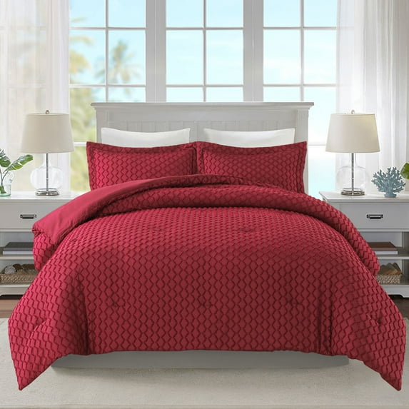 JML Tufted King Comforter Set 3 Pieces, Jacquard Boho Tufts Bedding Set - All Season Duvet and 2 Pillow Shams Bed Sets, Burgundy