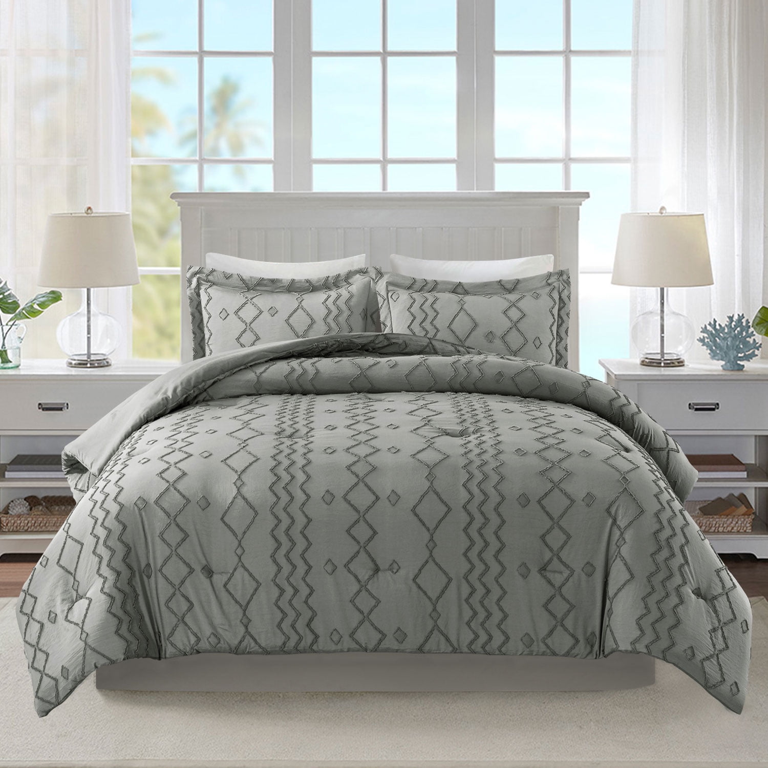 JML King Size Tufted Comforter Set 3 Pieces, Dark Gray Jacquard Boho