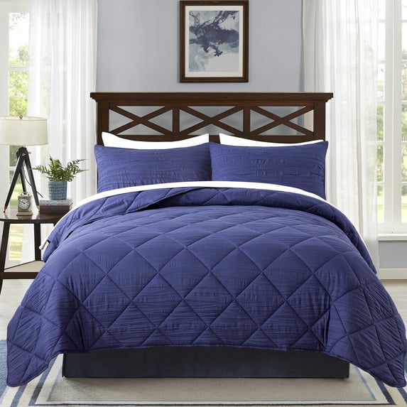 JML Twin Size Comforter Set 2-Piece - 480GSM Creased Texture Square Design, Navy