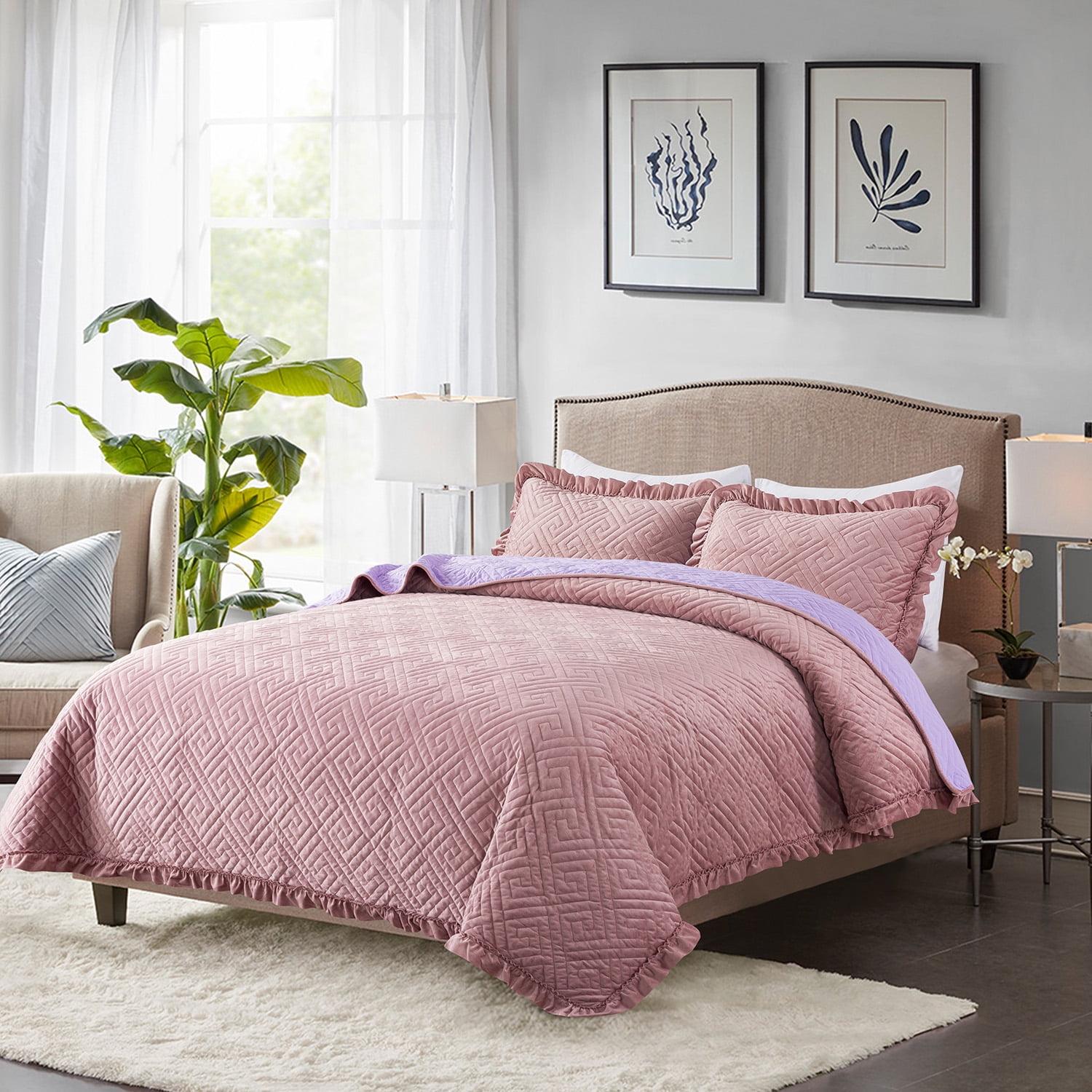 ARL HOME King Size Quilt Set, Oversized Plaid Patchwork, Microfiber Lightweight Reversible Bedspread Coverlet