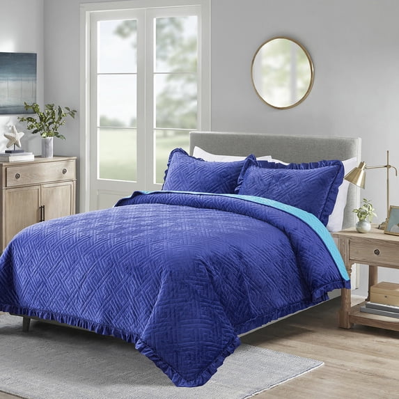 JML Velvet Quilt Set Queen Size 3 Pieces, Soft Velvet Diamond Pattern Bedspread Coverlet Quilted Bedding Set, with 2 Pillow Shams,Navy