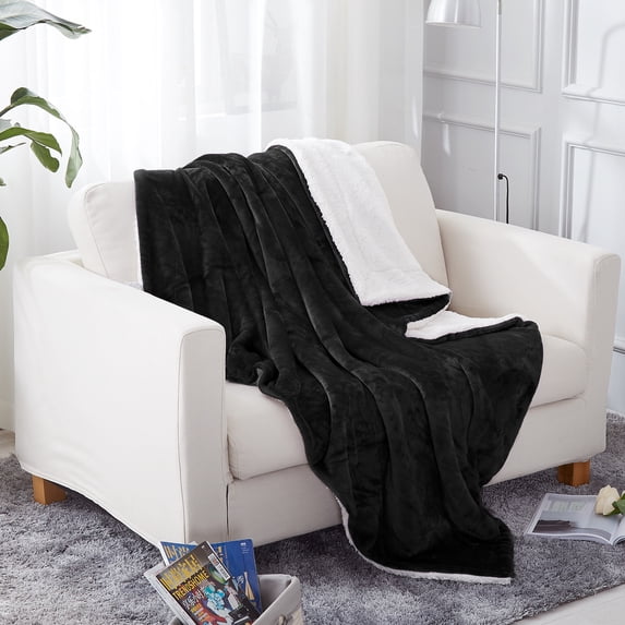 JML Warm Sherpa Reversible Fleece Throw Blanket, Black, Standard Throw