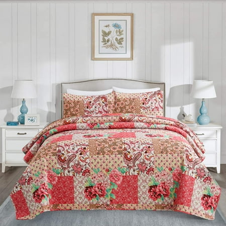 JML Watermelon Red & Pink Floral Microfiber Quilts, Queen Size-Breathable (2 Count)