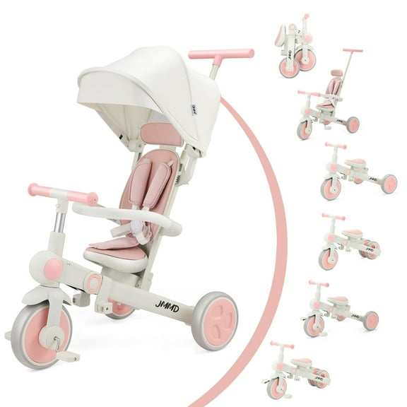 JMMD Baby Tricycle, 7-in-1 Foldable Kids Trike with Adjustable Parent Handle, Safety Harness & Wheel Brakes, Removable Canopy, Stroll Trike for Boys & Girls Ages 18 Months-5 Years, Pink