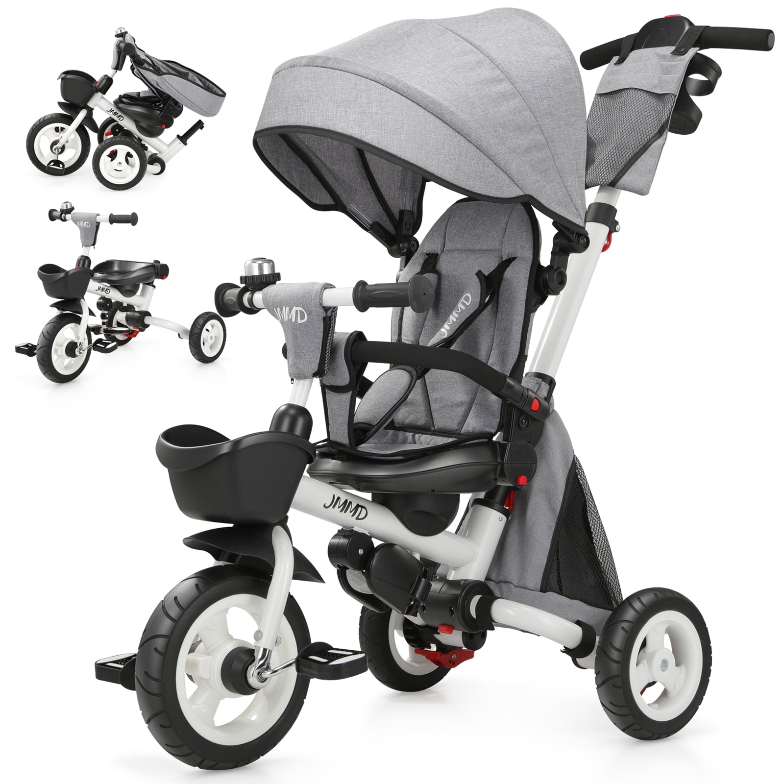 JMMD Baby Tricycle, 8-in-1 Folding Kids Trike with Adjustable Parent Handle, Safety Harness & Wheel Brakes, Removable Canopy, Storage, Stroller Bike Gift for Toddlers 18 Months - 5 Years, Gray