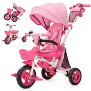 JMMD Baby Tricycle, 8-in-1 Folding Kids Trike with Adjustable Parent Handle, Safety Harness & Wheel Brakes, Removable Canopy, Storage, Stroller Bike Gift for To