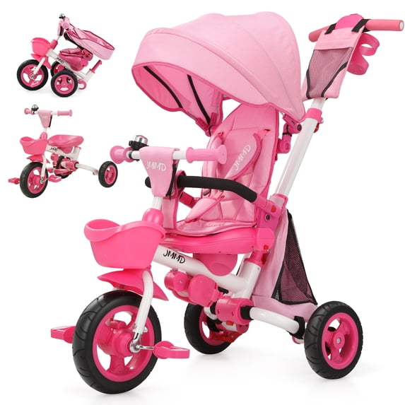 JMMD Baby Tricycle, 8-in-1 Folding Kids Trike with Adjustable Parent Handle, Safety Harness & Wheel Brakes, Removable Canopy, Storage, Stroller Bike Gift for Toddlers 18 Months - 5 Years, Pink