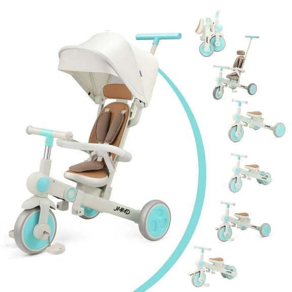 JMMD Baby Tricycle, 7-in-1 Foldable Kids Trike with Adjustable Parent Handle, Safety Harness & Wheel Brakes, Removable Canopy, Stroll Trike for Boys & Girls Ages 18 Months-5 Years, Mint