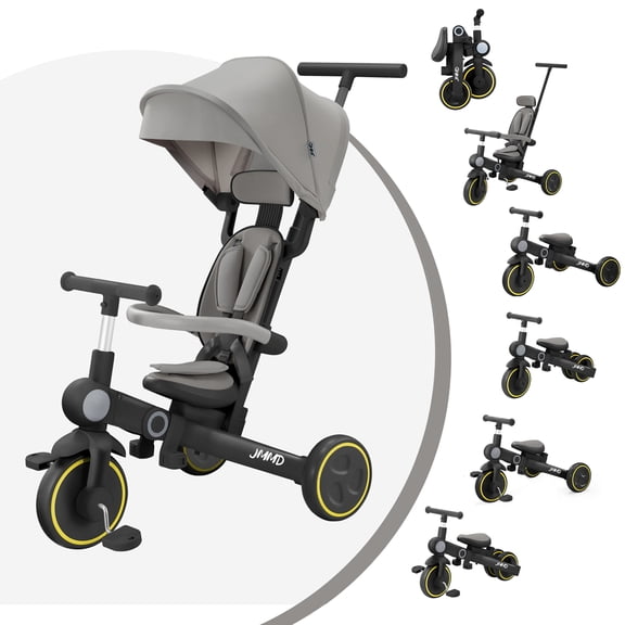 JMMD Baby Tricycle Pink 7-in-1 Foldable Adjustable Parent Handle Ages 18 Months-5 Years, Black