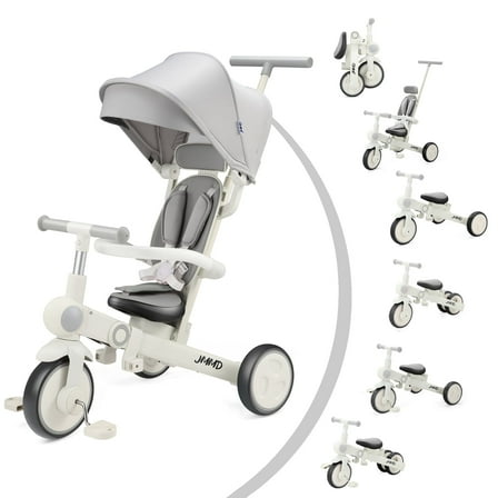 JMMD Baby Tricycle, 7-in-1 Foldable Kids Trike with Adjustable Parent Handle, Safety Harness & Wheel Brakes, Removable Canopy, Stroll Trike for Boys & Girls Ages 18 Months-5 Years,  Gray
