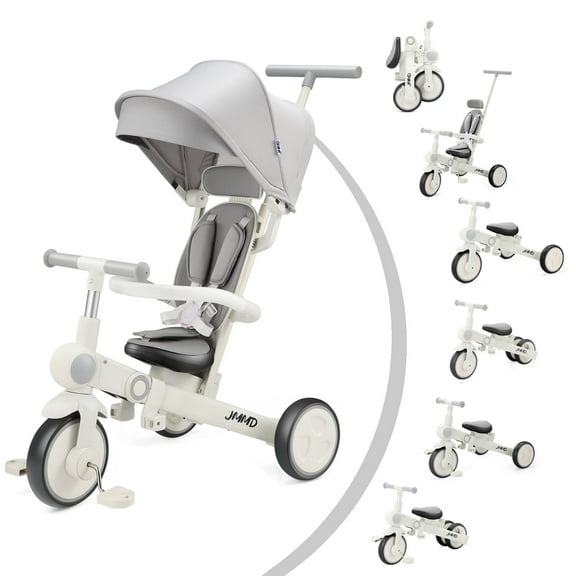 JMMD Baby Tricycle, 7-in-1 Foldable Kids Trike with Adjustable Parent Handle, Safety Harness & Wheel Brakes, Removable Canopy, Stroll Trike for Boys & Girls Ages 18 Months-5 Years,  Gray
