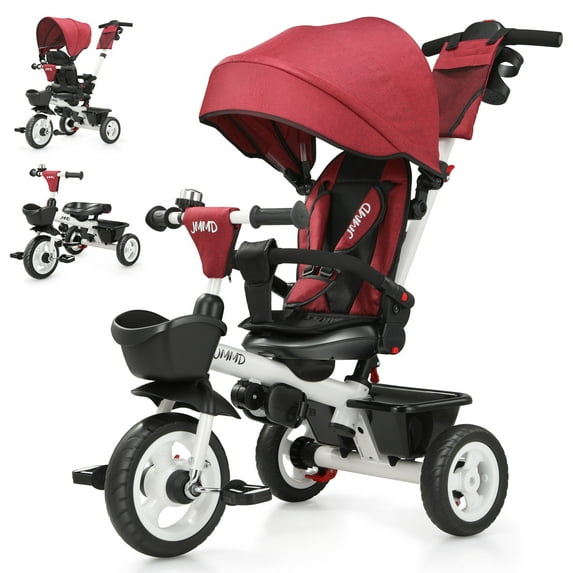 JMMD Baby Trike, 6-in-1 Kids Tricycle with Adjustable Push Handle, Removable Canopy, Safety Harness for 18 Months - 5 Year Old, Red