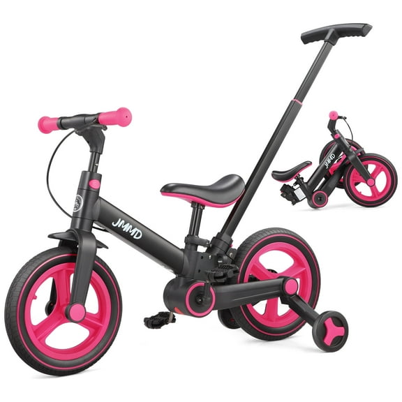 JMMD Toddler Bike with Push Handle for 18-60 Months Kids, 6-in-1 Foldable Balance Bike with Training Wheels, Pedals, Kids Bike for Boy & Girl, Rosered