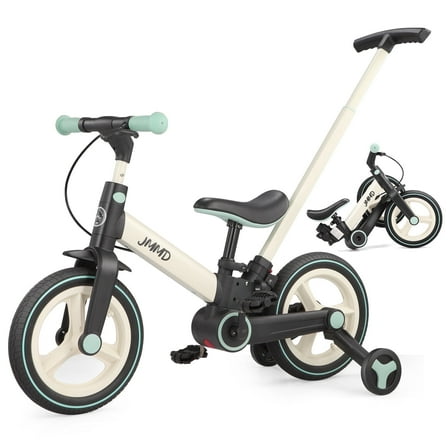 JMMD Toddler Bike with Push Handle for 18-60 Months Kid, 6-in-1 Foldable Balance Bike with Training Wheels, Pedals, Kids Tricycle for Boy & Girl, Mint