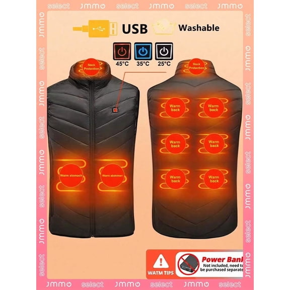 JMMO Men's Winter Heated Vest, 3-Gear Adjustable 9-Area Heating, No Power Bank Needed