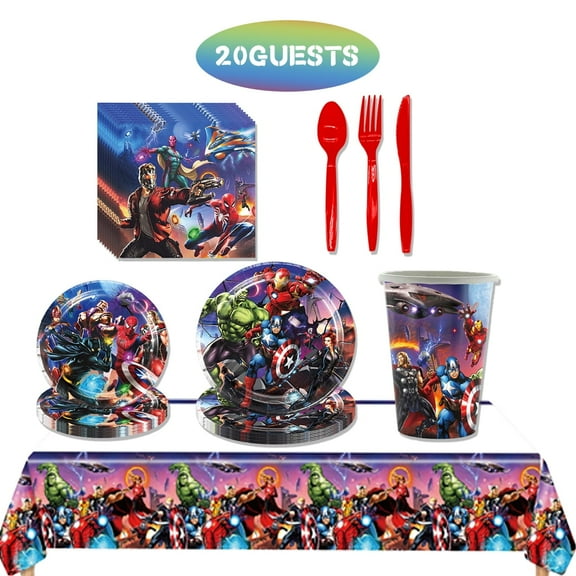JMOCD 141Pcs Red Avengers Party Supplies Set,Avengers Tableware Set, Cartoon Theme Birthday Decorations With Table Cover, Plates, Napkins, Cups,Cutlery,Serves 20 Guests