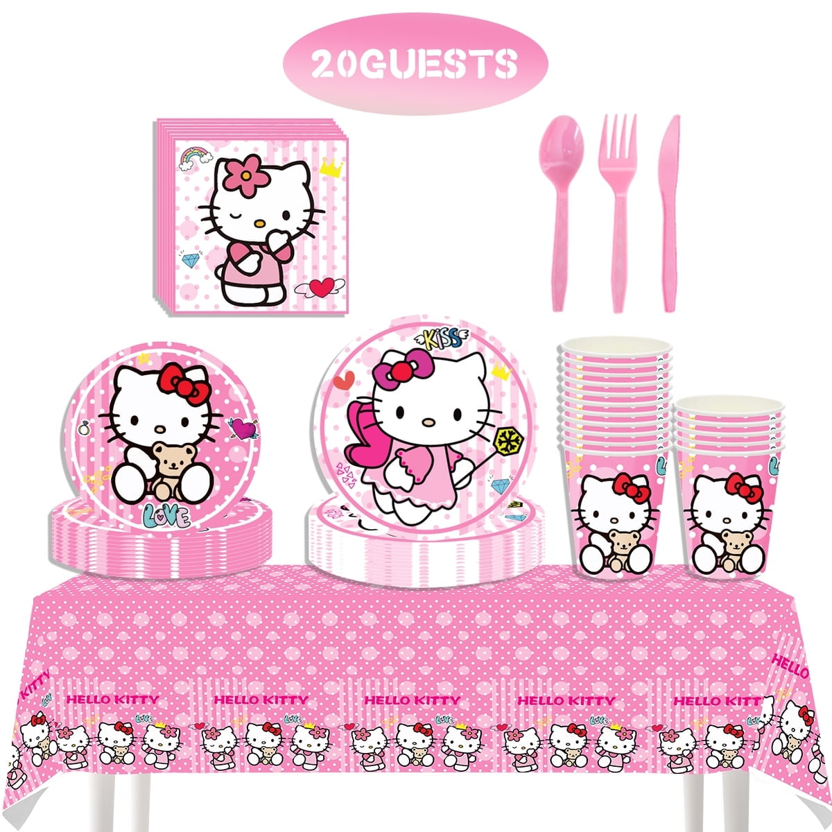 141 PCS Pink Kitty Party Tableware, Hello Kitty Birthday Party Supplies Include Banner,Tablecloth,Plates, Cups,Napkins,Forks,Spoons,Knife,Serves 20 Guests