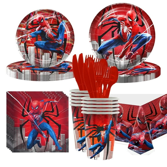141 PCS Spiderman Birthday Party Supplies Set - Serves 20 - Includes Tablecover, Plates, Cups, Napkins and Cutlery