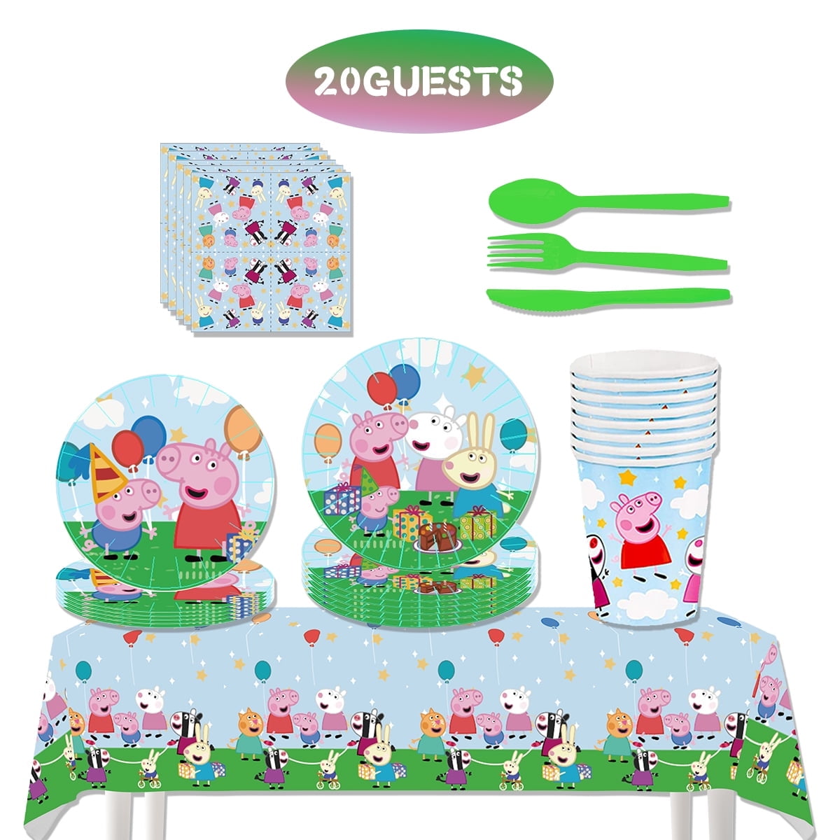 141 PCS green Peppa Pig Birthday Decorations, Kawaii Party Supplies Set Include Paper Plates Napkins Cups Tablecloth Cutlery for Party for 20 Guests
