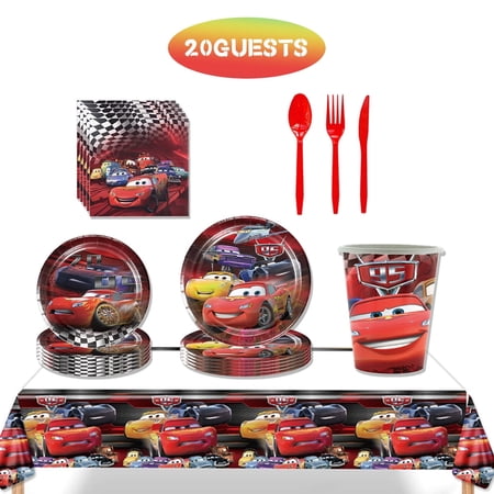JMOCD 141Pcs Red Cars Party Supplies Set,Cars Tableware Set, Cartoon Theme Birthday Decorations With Table Cover, Plates, Napkins, Cups,Cutlery,Serves 20 Guests