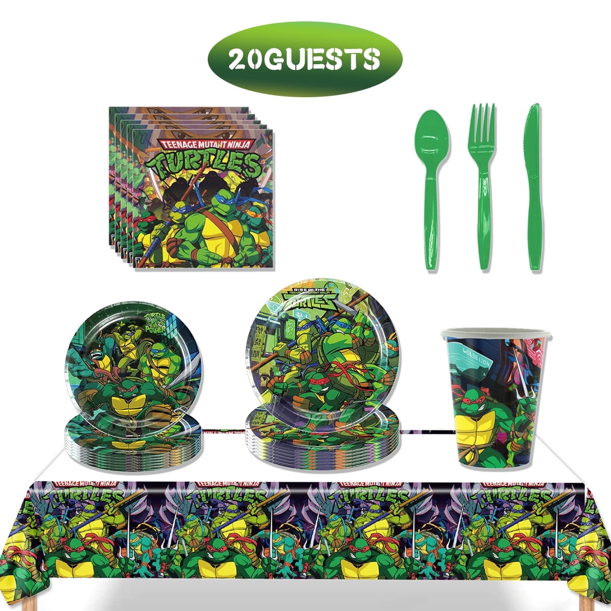 141 Pcs Ninja Turtle Birthday Party Supplies, Green Comics Tortoise Party Decoration Include Plates, Napkins, Cups, Fork,Spoons,Knife and Tablecloth for Serve 20