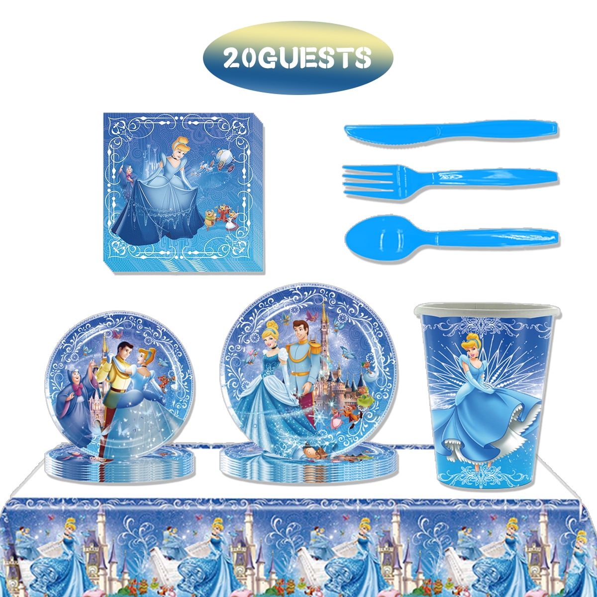 JMOCD 141Pcs Blue Cinderella Party Tableware Set, Birthday Party Supplies Decorations Set, tablecloth,Plates, Cutlery,Cups,20 Guests