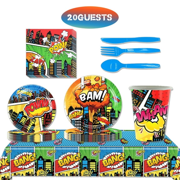JMOCD 141Pcs Green City Superhero Party Tableware Set, Birthday Party Supplies Decorations Set, tablecloth,Plates, Cutlery,Cups,20 Guests