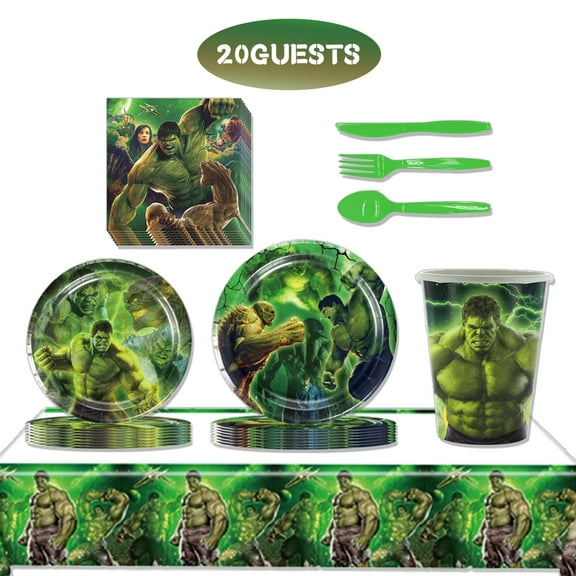JMOCD 141Pcs Green Hulk Party Tableware Set, Birthday Party Supplies Decorations Set, tablecloth,Plates, Cutlery,Cups,20 Guests