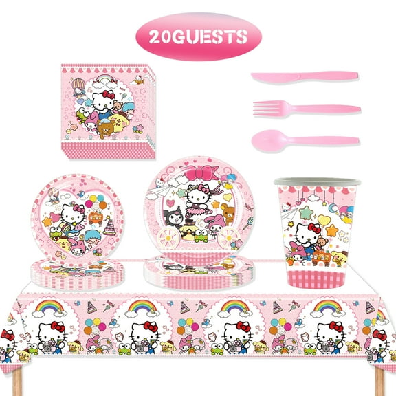 JMOCD 141Pcs Pink Sanrio Party Tableware Set, Birthday Party Supplies Decorations Set, tablecloth,Plates, Cutlery,Cups,20 Guests
