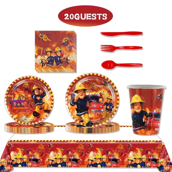 JMOCD 141Pcs Red fireman sam Party Tableware Set, Birthday Party Supplies Decorations Set, tablecloth,Plates, Cutlery,Cups,20 Guests