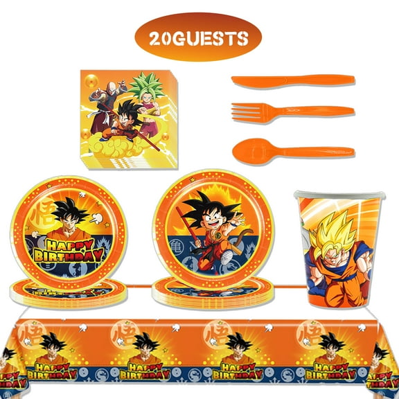 JMOCD 141Pcs Yellow Dragon Ball Party Tableware Set, Birthday Party Supplies Decorations Set, tablecloth,Plates, Cutlery,Cups,20 Guests