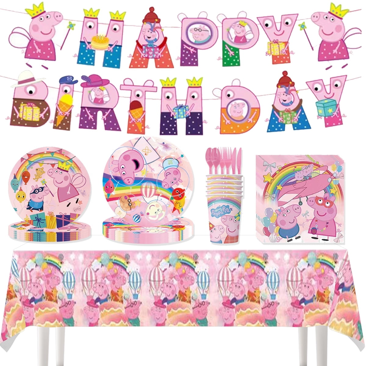 142 PCS pink Peppa Pig Birthday Decorations, Kawaii Party Supplies Set Include Paper Plates Napkins Cups Tablecloth Cutlery for Party for 20 Guests