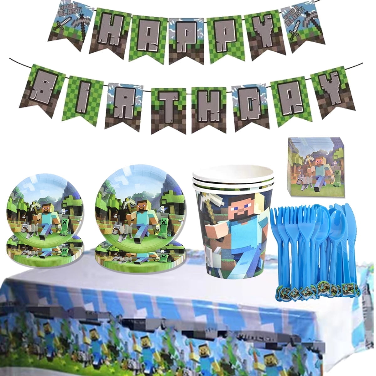 142 Pcs Pixel Birthday Party Supplies for Game Fans, Video Game Birthday Party Decorations,Minecraft Tableware Set Serves 20.